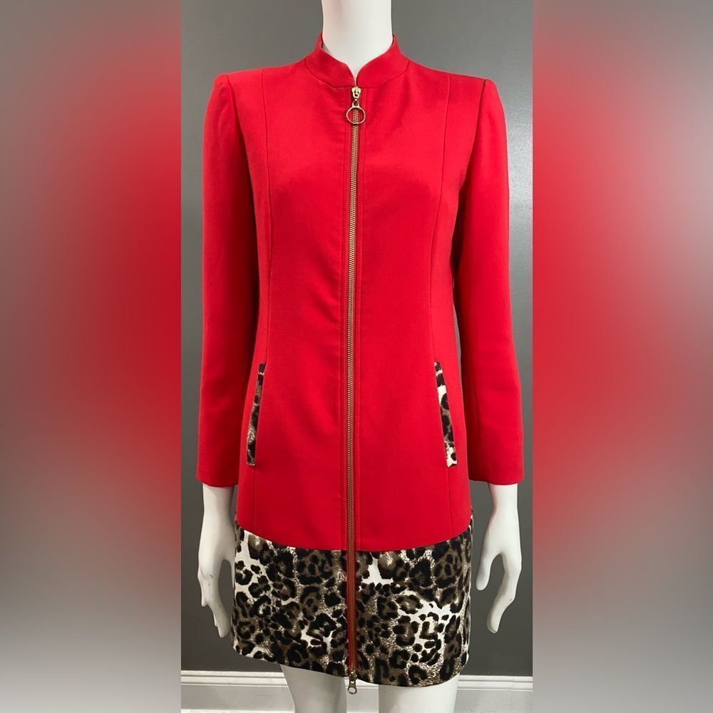 Kelly & Diane Red Zip-Front Coat/Blazer with Leopard Trim Size 4